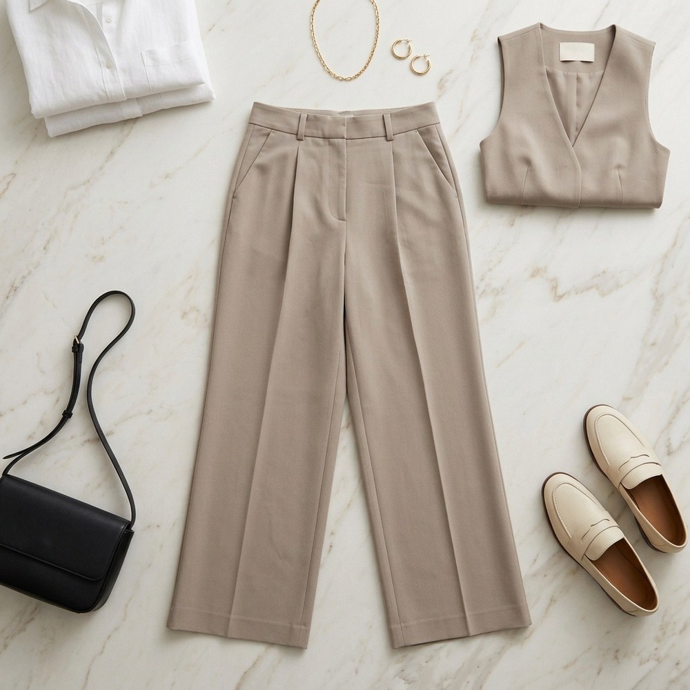 LOFT Outlet Womens Size 4 Beige High Rise Pleated Wide Leg Trouser Pants